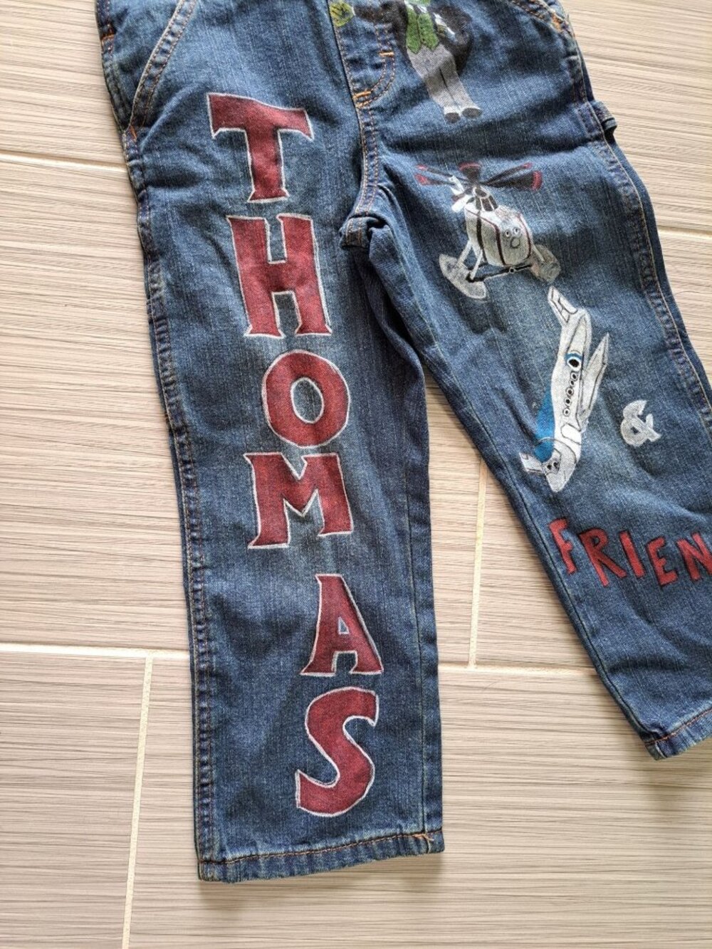 Vtg Hand Painted Thomas Friends Train Denim Bib Overalls Adjustable Pockets 5T - Picture 5 of 11